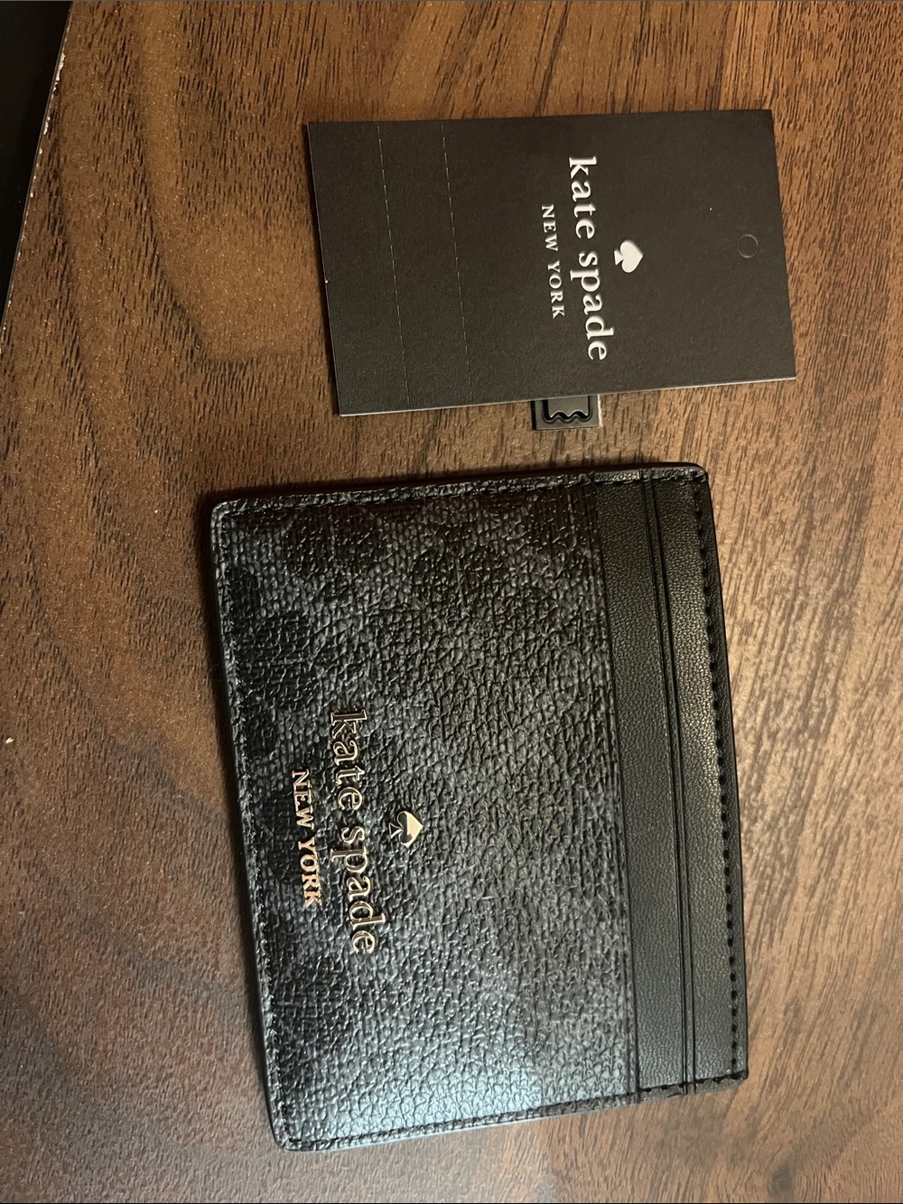 kate spade Black Pebbled Leather Card Holder with Gold Logo